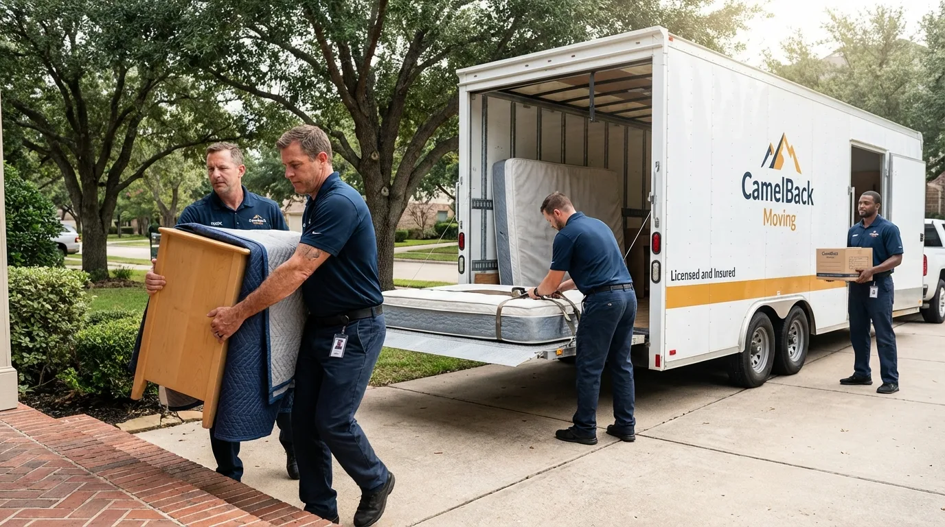 Crew loading residential truck for cross-state move from Hillsboro, WI