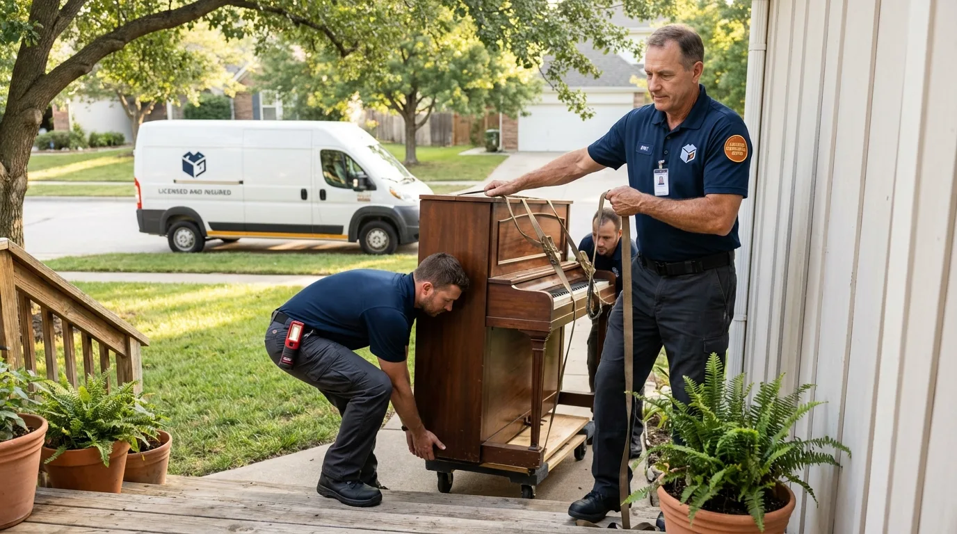 Licensed piano movers securing grand piano in Hillsboro, WI