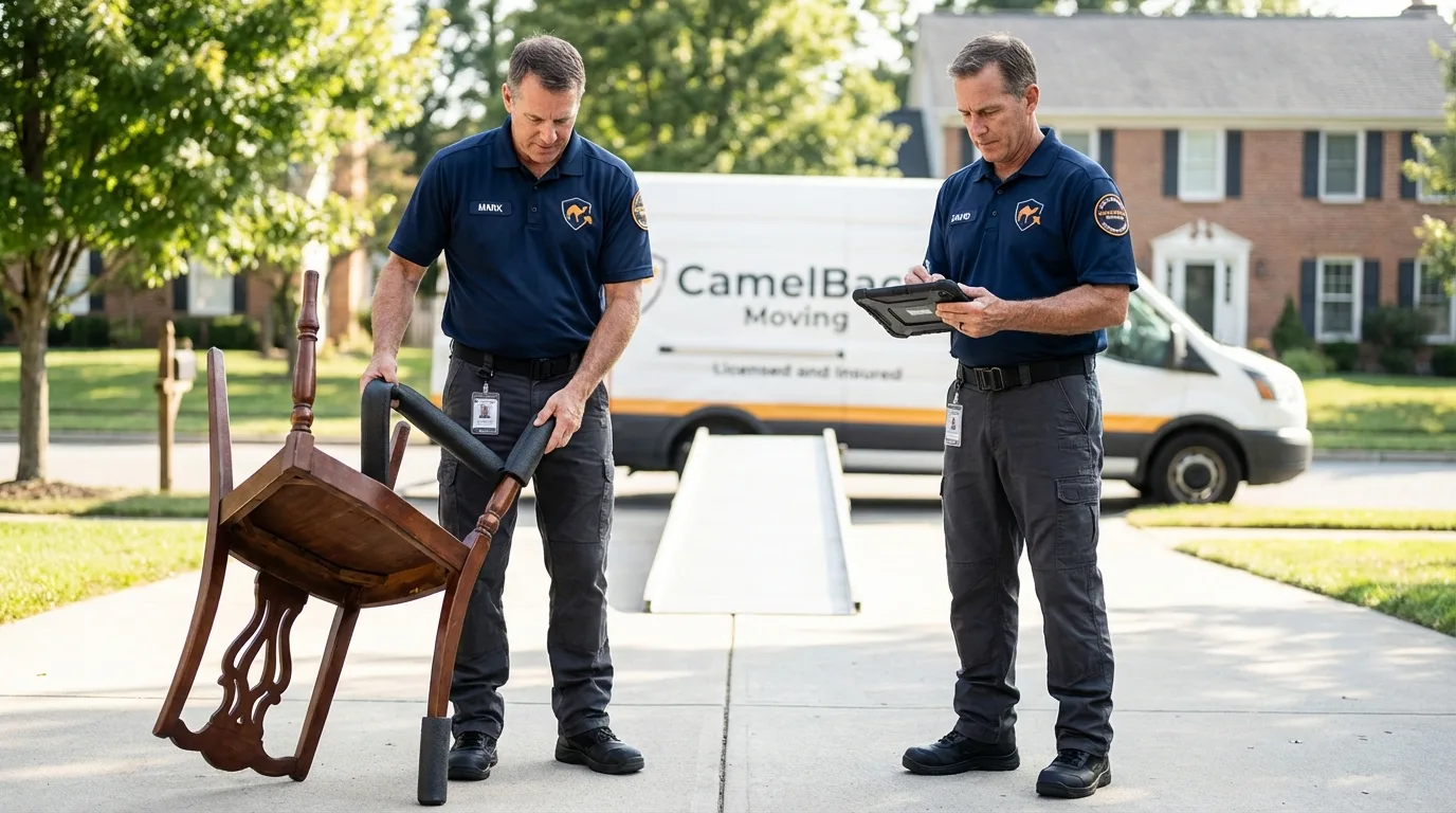 Movers inspecting furniture for damage prevention before loading in Hillsboro, WI