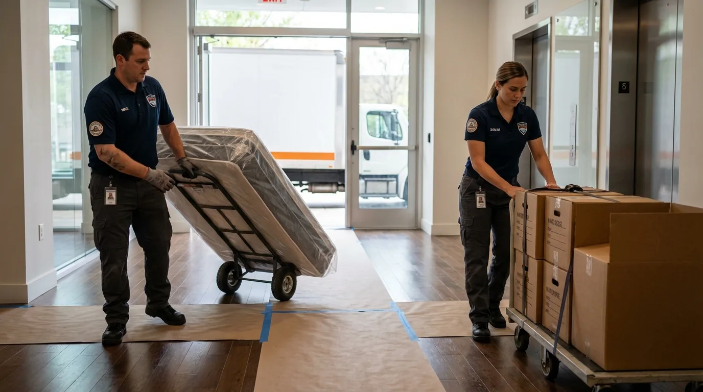 Professional apartment movers loading elevator in Hillsboro, WI
