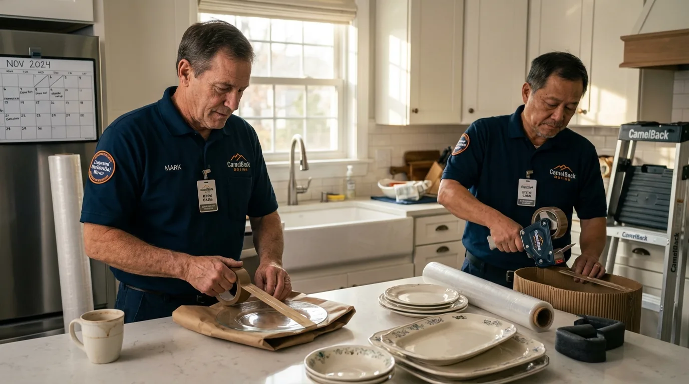 Professional crew packing kitchen dishware in Hillsboro, WI
